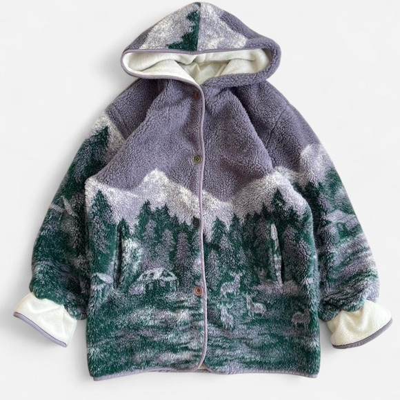 Basic Editions Jackets & Blazers - Vintage Basic Editions Fleece Hooded Jacket Forest Deer Cabin Woodland Green M